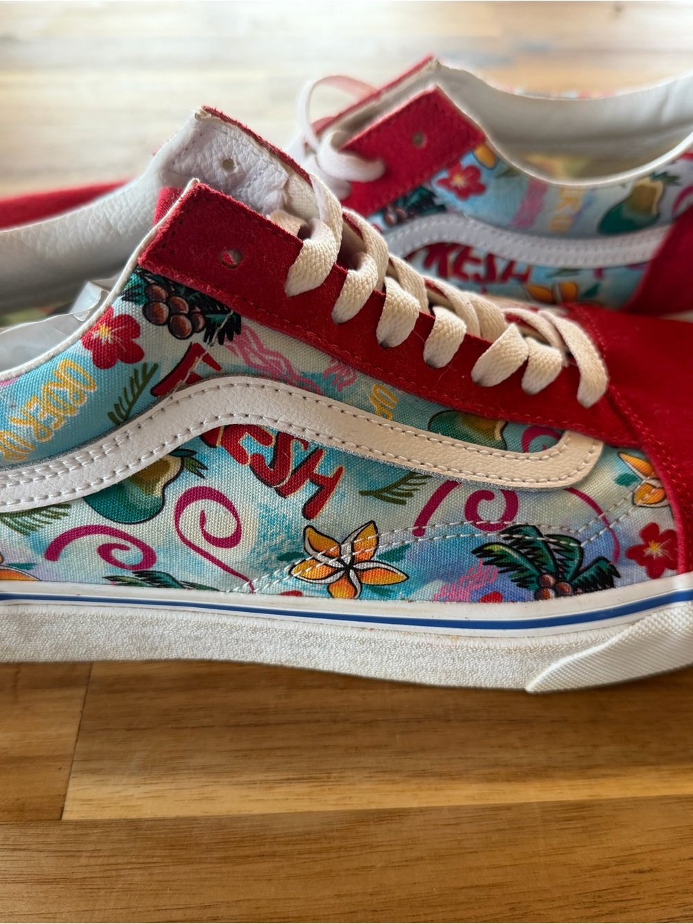 Vans Red Suede Low Top with Tropical Floral Canvas